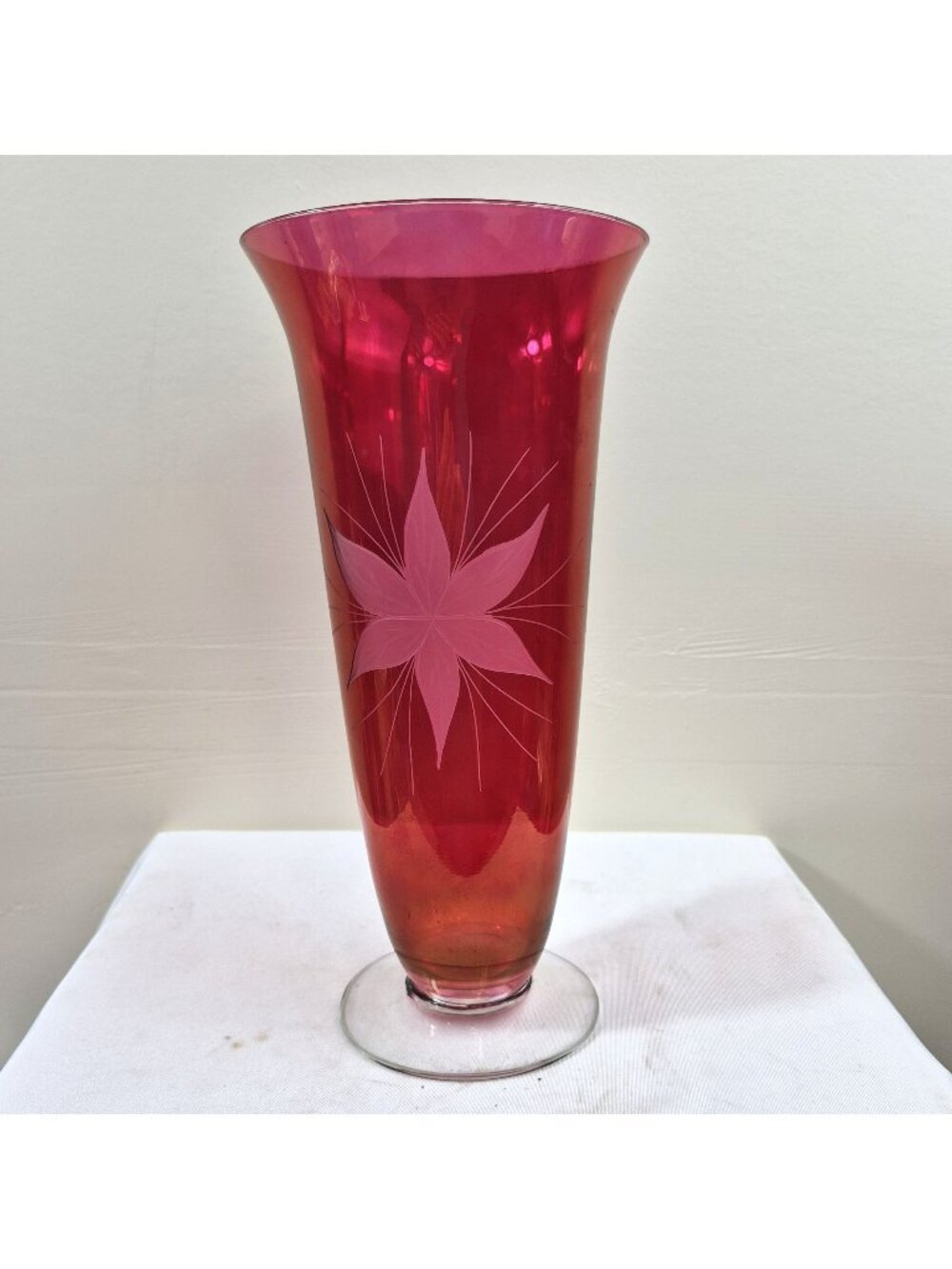Vintage Cranberry Glass Vase With Etched Floral Design 11" Tall Flared Top